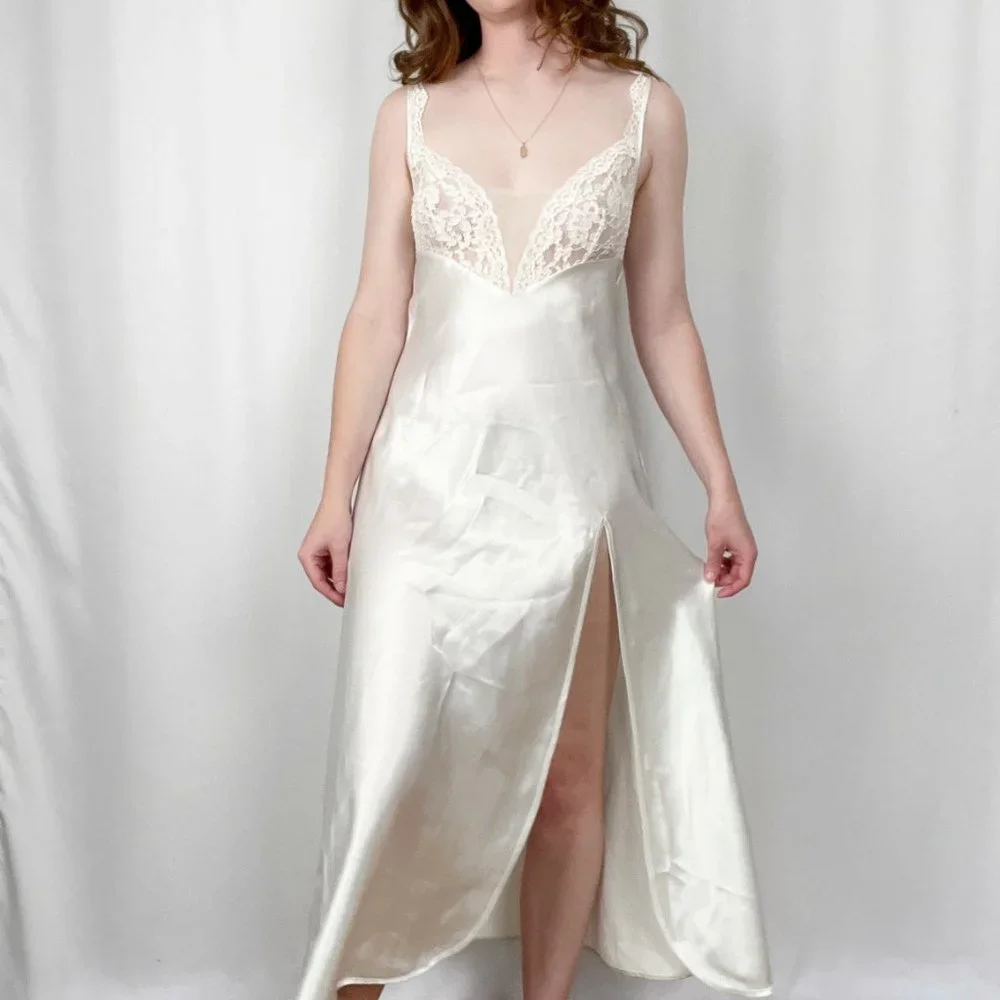 Vintage VS Gold Label Silky Lace Slip Dress Slit Sheer Bridal Wedding Midi Maxi - Picture 9 of 9